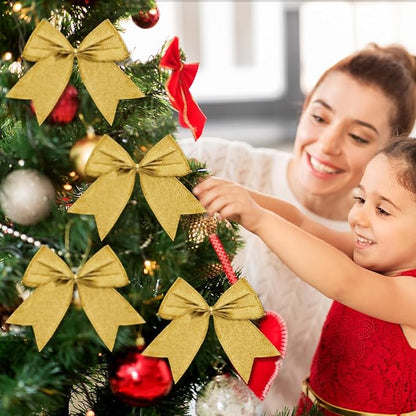 Cindeer 24 Pcs Gold Christmas Bow Decorations 6 x 6 Inches, Glitter Holiday Ornaments Sequin Ties Bows for Xmas Tree, Wreath, DIY Crafts, Gift Wrapping, Party Decor