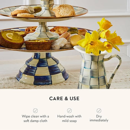MACKENZIE-CHILDS Enamel Pedestal Platter, Round Cake Stand, Large, Blue-and-White Royal Check