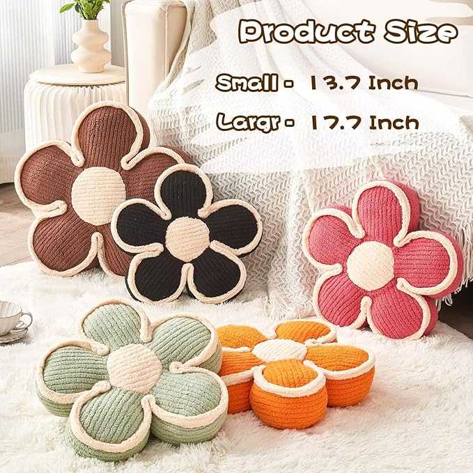 Flower Pillow, Soft Shaped Floor Cushion, Decorative Throw Pillow, Cute Seating Cushion, Room Decor Plush Pillows for Sofa Couch Bed (17.7 Inch, Black)
