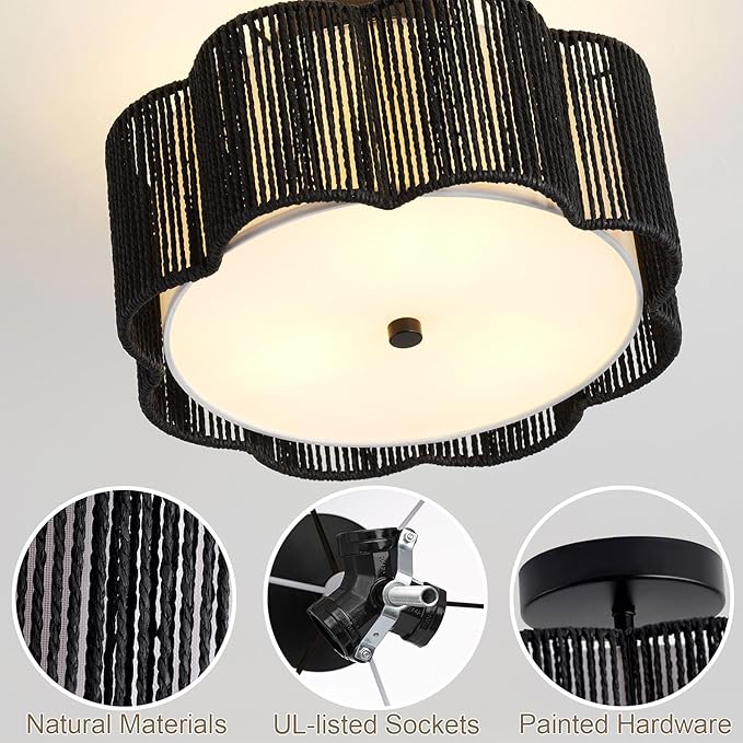 Rattan Ceiling Light Fixtures Flush Mount,3-Light Boho Light Fixtures Ceiling Mount for Bedroom,Close to Ceiling Light Modern Rattan Chandelier Lighting for Hallway Kitchen Dining Room(Black)