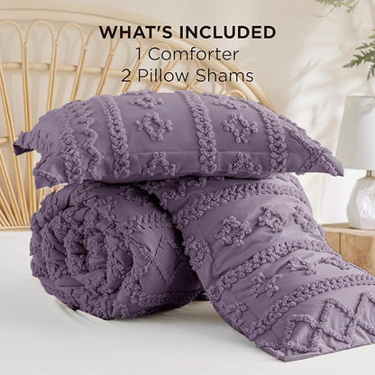 Bedsure Tufted Boho Comforter Set King Size - Grayish Purple Boho Bed Set, GentleSoft™ 3 Pieces Farmhouse Shabby Chic Embroidery Bedding, Gifts for Woman, Soft Jacquard King Comforter for All Seasons