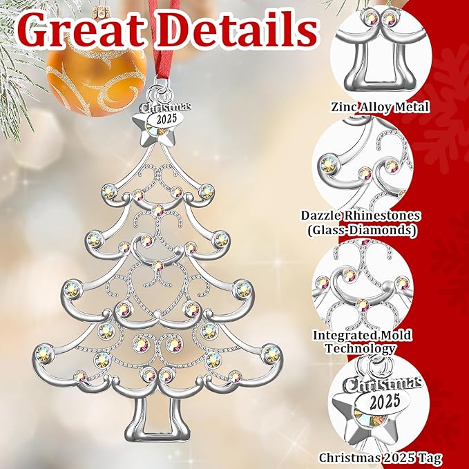 Christmas Ornaments 2025 Decorations for Christmas Tree, Metal Hanging Rhinestones Christmas Tree Decorations Indoor, Glitter Crafts Xmas Decors Annual Keepsake Gifts for Family Friends Holidays Home