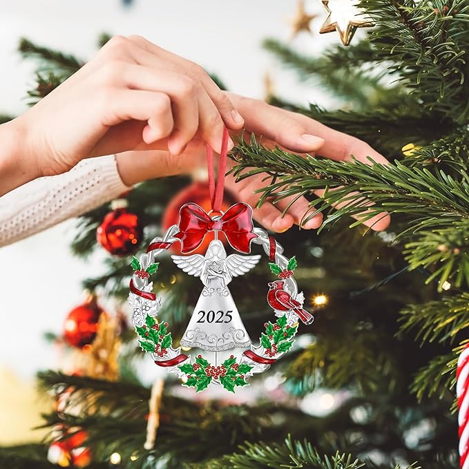 Christmas Ornament 2025 for Christmas Tree Decorations, Dated 2025 Christmas Wreath Ornament with Rotatable Angel for Holiday Decorative Keepsake Gift(Metal,1 Pack)