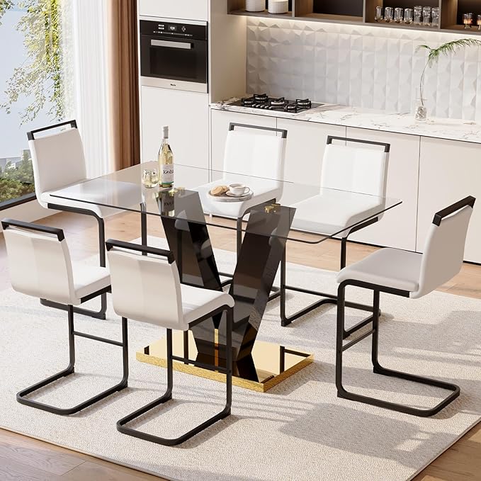 Bar Stools Set of 6,25" Counter Height Bar Stools with Footrest,White Faux Leather Kitchen Stools with Black Painted Metal Leg,White Barstools Ideal for Island Pub Kitchen Counter Dining Chair