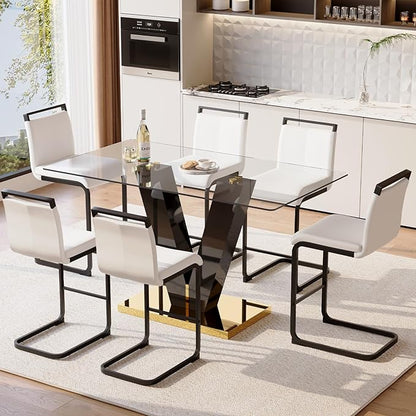 Bar Stools Set of 6,25" Counter Height Bar Stools with Footrest,White Faux Leather Kitchen Stools with Black Painted Metal Leg,White Barstools Ideal for Island Pub Kitchen Counter Dining Chair
