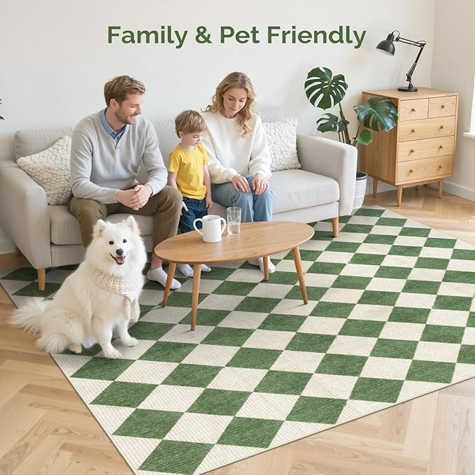 LIVEBOX Washable 8x10 Diamond Rugs for Living Room, Non-Slip Checkered Rug Soft Modern Neutral Geometric Plaid Area Rug for Bedroom, Large Farmhouse Carpet for Office Kids Room Classroom Dorm, Green