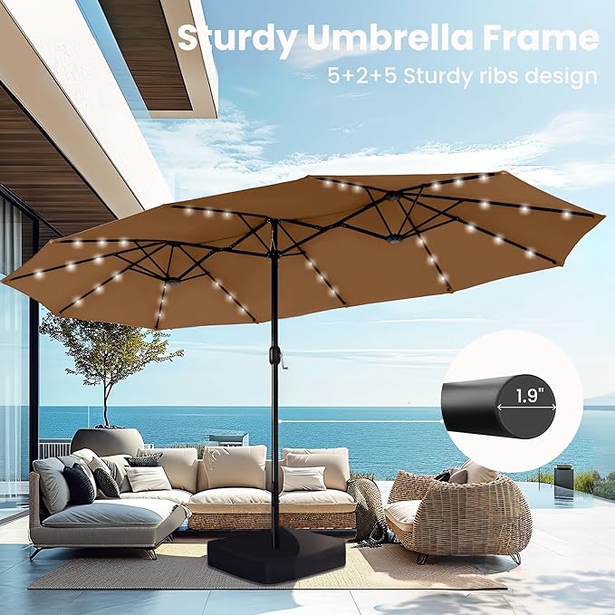 PHI VILLA 15ft Large Patio Umbrella with Solar Lights, Double-Sided Outdoor Market Rectangle Umbrellas with 36 LED Lights, Umbrella Base (Stand) Included, Maillard Brown