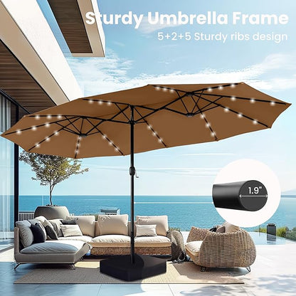 PHI VILLA 15ft Large Patio Umbrella with Solar Lights, Double-Sided Outdoor Market Rectangle Umbrellas with 36 LED Lights, Umbrella Base (Stand) Included, Maillard Brown