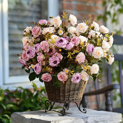 Artificial Flowers for Outdoor 4 Bundles Rose Bouquet with Daisy Faux Flowers UV Resistant for Home Indoor Outside Garden Porch Window Box Balcony Yard Porch Decor (White+Purple)