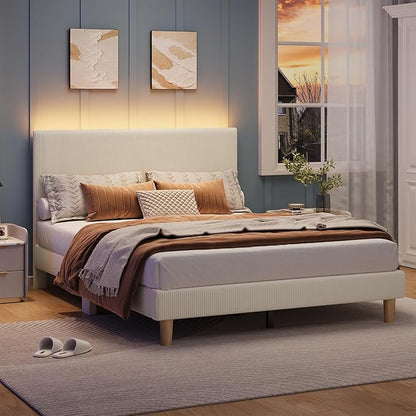 Bestier Queen Bed Frame with Adjustable Headboard, LED Lighting, Vertical Channel Tufted Corduroy Upholstered, Solid Wooden Slats Support, No Box Spring Needed, Never Squeaks, Easy Assembly, Beige