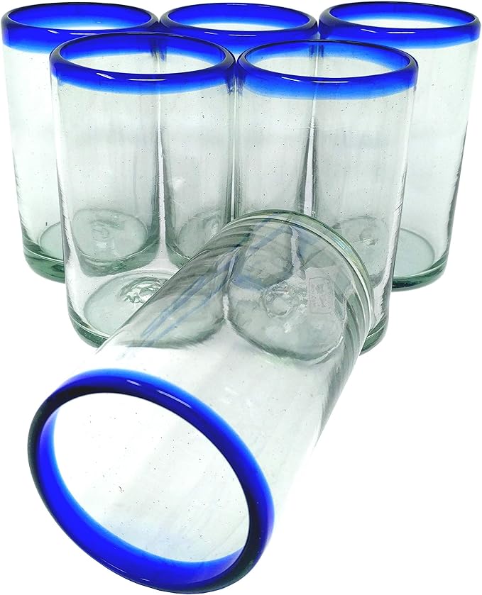 Dos Sueños Hand Blown Mexican Drinking Glasses - Set of 6 Glasses with Cobalt Blue Rims (14 oz each)