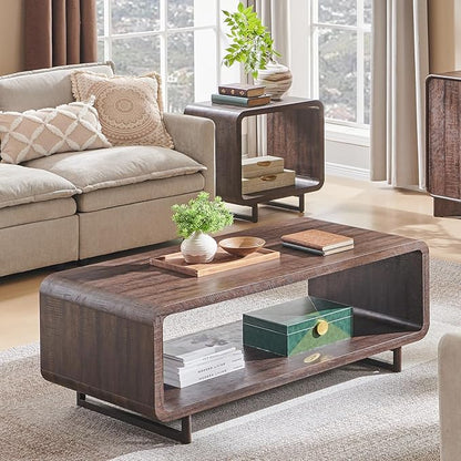 48" Modern Coffee Table, 2-Tier Minimalist Center Table with Storage Shelf, Curved Profile Design, Wooden Rectangular Living Room Table w/Wood Thick Design for Living Room, Office, Brown