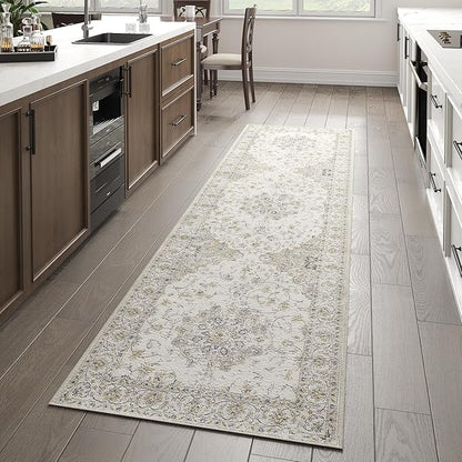 jinchan Vintage Floral Washable Runner Rug 2x6 Non-Slip Low Pile Carpet, Grey