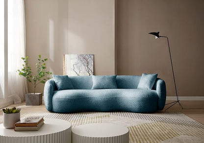 KEIKI 94" Boucle Half Moon Curved Sectional Sofa with 3 Throw Pillows, Modern Style 4-Seater Teddy Fleece Leisure Couch with Curved Backrest, Easy Assembly, for Living Room, Bedroom, Blue