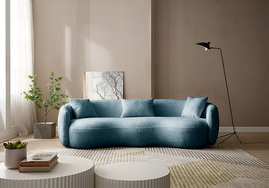 KEIKI 94" Boucle Half Moon Curved Sectional Sofa with 3 Throw Pillows, Modern Style 4-Seater Teddy Fleece Leisure Couch with Curved Backrest, Easy Assembly, for Living Room, Bedroom, Blue