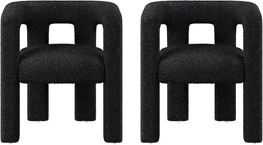 BELLEZE Modern Boucle Barrel Dining Chair Set of 2, Upholstered Linen Kitchen Boucle Armchair with Sidearms and Back, for Dining Room Living Room- Black