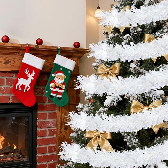 50FT White Christmas Tinsel Garland, Metallic Tinsel Glitter Twist Garlands Hanging Streamers, Xmas Tree Garland Decorations