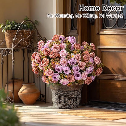 Artificial Flowers for Outdoor 4 Bundles Rose Bouquet with Daisy Faux Flowers UV Resistant for Home Indoor Outside Garden Porch Window Box Balcony Yard Porch Decor (Purple+Brown)