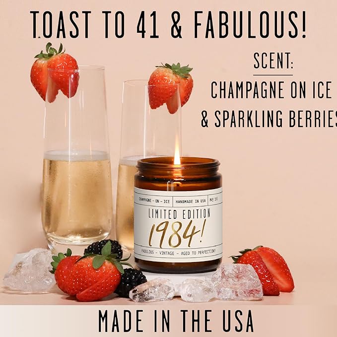41st Birthday Gifts for Women - 'Limited Edition 1984' Soy Candle, w/Champagne on Ice I 41 Birthday Gifts for Women I 41st Gift for Her Ideas I 9oz Reusable Jar, 50Hr Burn, Made in USA