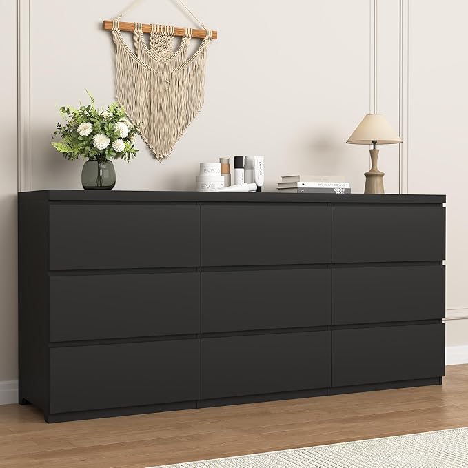 Dresser for Bedroom,9 Storage Drawers,63'' Modern Dresser with Metal Handle,TV Stand for 65 inch,Storage Organizer Furniture,Hallway,Entryway,Closet(Black)
