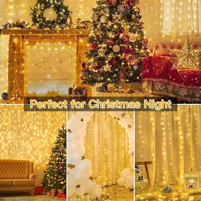 Curtain Lights, 300 LED Dimmable Fairy Lights with Remote and Timer, 8 Modes, USB Powered String Lights for Room Wall Party Xmas Indoor Decor, Warm White, 2 Pack