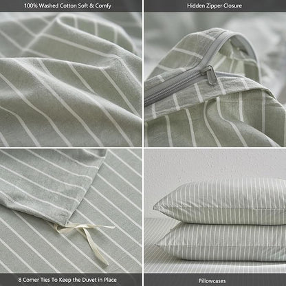 MooMee Striped Duvet Cover Set 100% Washed Cotton Linen Like Textured Breathable Durable Soft Comfy (Sage Green White Wide Stripes, Super King Plus 120"x120")