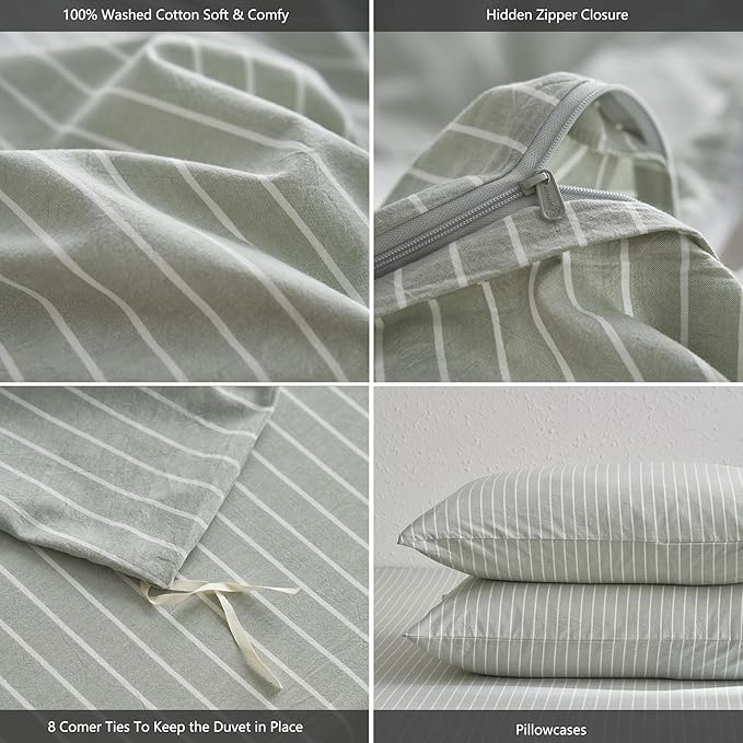 MooMee Striped Duvet Cover Set 100% Washed Cotton Linen Like Textured Breathable Durable Soft Comfy (Sage Green White Wide Stripes, Queen 90"x90")