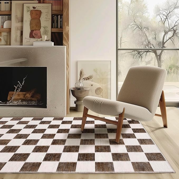 EVERGRACE Checkered Plaid Area Rug 4x6, Soft Fuzzy Faux Wool Rugs Washable Anti Slip Rugs Large Rug Carpet for Entryway Bedroom Living Room Hallway Kitchen Dining Room and Laundry Room, Dark Brown