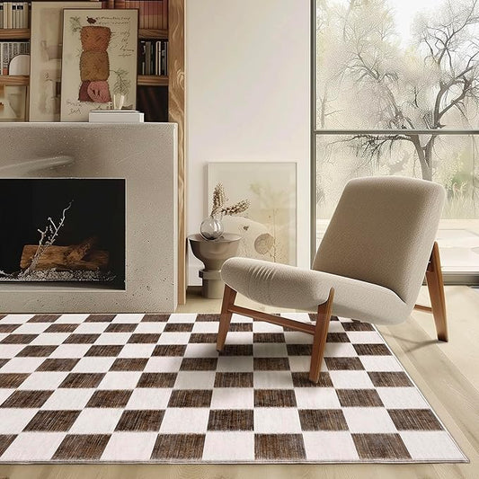 EVERGRACE Checkered Plaid Area Rug 4x6, Soft Fuzzy Faux Wool Rugs Washable Anti Slip Rugs Large Rug Carpet for Entryway Bedroom Living Room Hallway Kitchen Dining Room and Laundry Room, Dark Brown