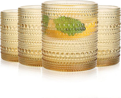 Amber Drinking Glasses Set of 4, 10 oz Hobnail Drinking Glasses - Amber Vintage Glassware for Beer, Cocktail, Soda, Juice, Coffee and Various Mixed Drinks