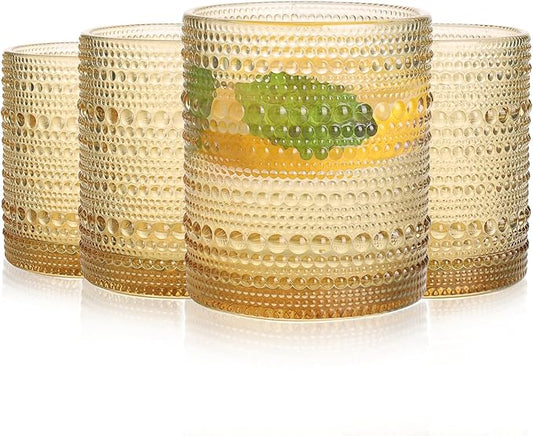 Amber Drinking Glasses Set of 4, 10 oz Hobnail Drinking Glasses - Amber Vintage Glassware for Beer, Cocktail, Soda, Juice, Coffee and Various Mixed Drinks