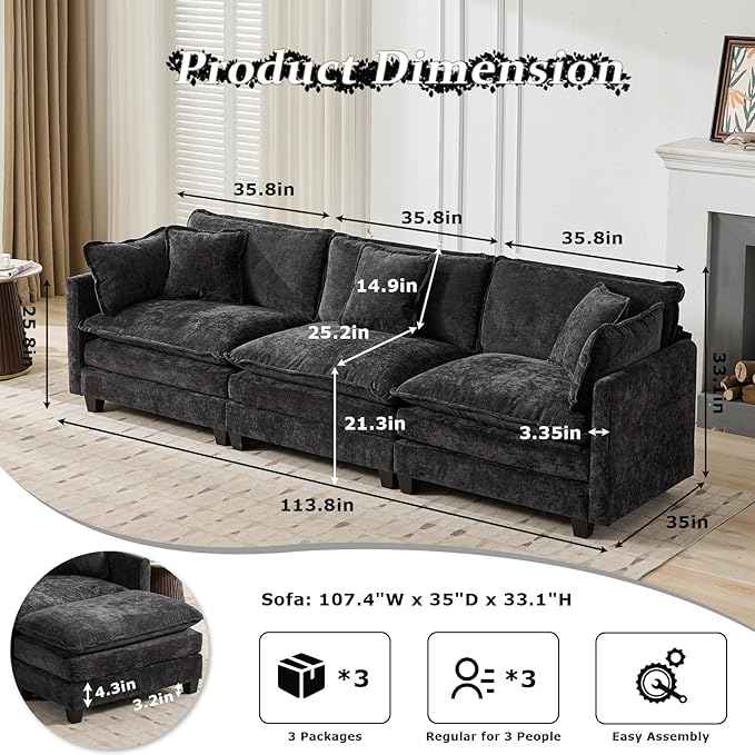 SoarFlash 107.4" Chenille Sectional Sofa, Comfy Modular Loveseat Sofa, Modern 3-Seat Couch Deep Seat Sofa Set for Living Room,Black