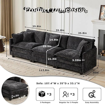 SoarFlash 107.4" Chenille Sectional Sofa, Comfy Modular Loveseat Sofa, Modern 3-Seat Couch Deep Seat Sofa Set for Living Room,Black