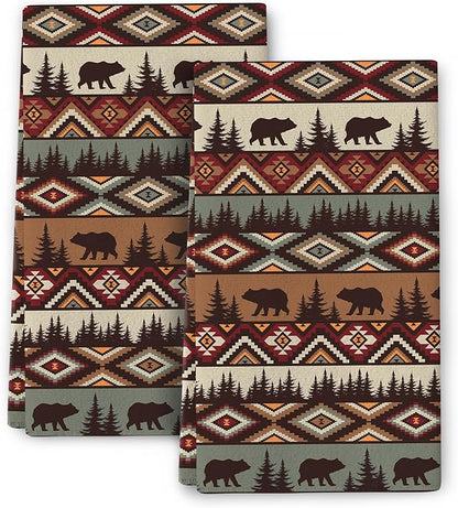 Vintage Rustic Dish Towels Set of 2 Bear Mountain Cabin Farmhouse Kitchen Towels 16x24