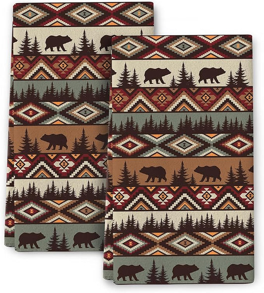 Vintage Rustic Dish Towels Set of 2 Bear Mountain Cabin Farmhouse Kitchen Towels 16x24