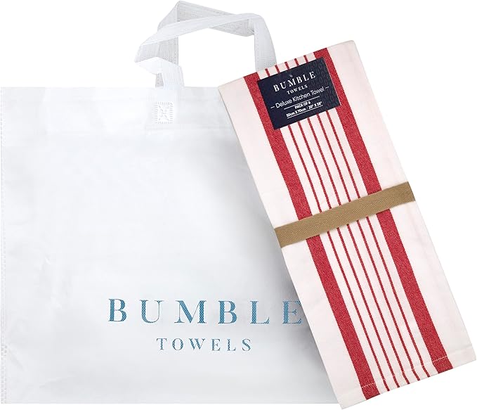 Premium Kitchen Towels 6 Pack Large Cotton Flat Terry Absorbent Tea Towels with Hanging Loop Red Striped 20x28