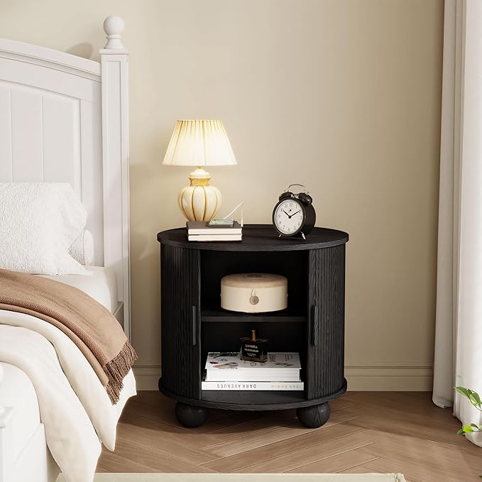 24" Round Nightstand with Charging Station, Mid-Century Modern Large Wood End Table with Storage & Sliding Door, Accent Side Tbale for Living Room Bedroom (Round, Black)