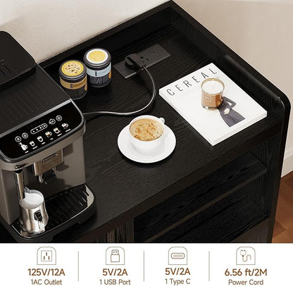 ONBRILL 44" Sideboard Buffet Cabinet with Outlet & 2 Open Storage Spaces, Fluted Sideboard Cabinet with Sliding Door & Adjustable Shelves, Mid-Century Accent Coffee Bar Console Table with Wooden Feet