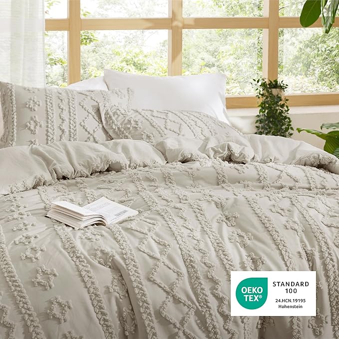 Bedsure Tufted Boho Comforter Set King Size - Linen Boho Bed Set, GentleSoft™ 3 Pieces Farmhouse Shabby Chic Embroidery Bedding, Gifts for Woman, Soft Jacquard King Comforter for All Seasons
