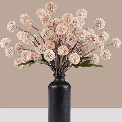 Faux Beige Kiku Flowers 10 Stems & 2 Eucalyptus,Fake Mums Flower Autumn Artificial Chrysanthemums Mini Ball Floral for Table Centerpieces,Silk Fall Faux Mums Flower for Vase Wedding Arrangements Decor