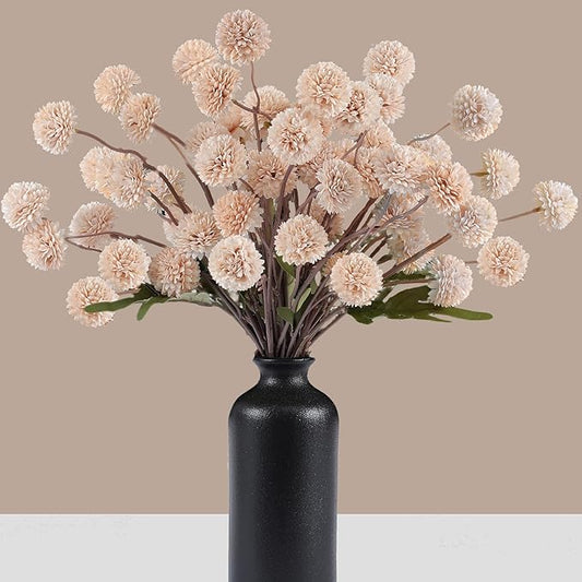 Faux Beige Kiku Flowers 10 Stems & 2 Eucalyptus,Fake Mums Flower Autumn Artificial Chrysanthemums Mini Ball Floral for Table Centerpieces,Silk Fall Faux Mums Flower for Vase Wedding Arrangements Decor