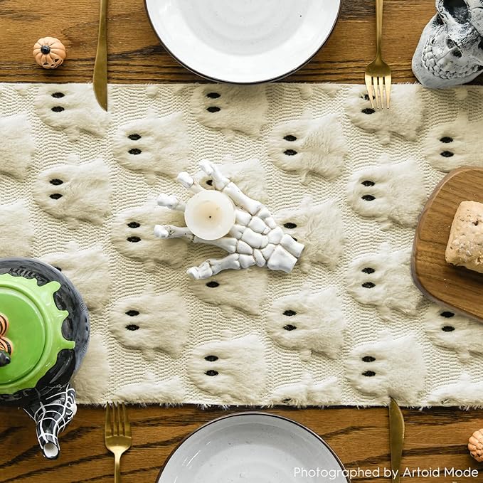 Artoid Mode Beige Ghost Soft Plush Faux Fur Jacquard Halloween Table Runner, Holiday Kitchen Dining Table Decoration for Home Party Decor 13x36 Inch