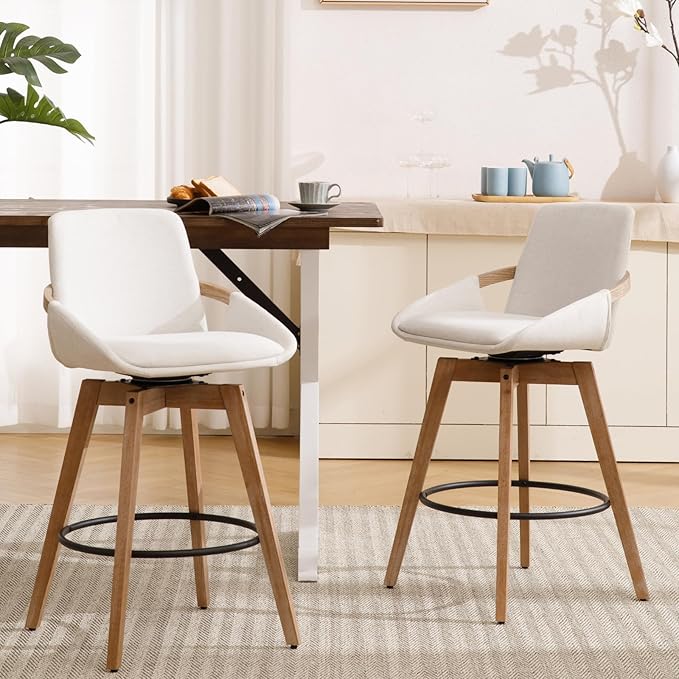 Mid-Century Swivel Bar Stools Set of 2, 26.5 inch Counter Height Barstools Linen Fabric Bar Chairs with Wooden Frame for Kitchen Island Dining Room, White