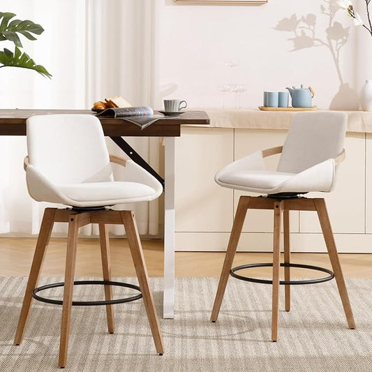 Mid-Century Swivel Bar Stools Set of 2, 26.5 inch Counter Height Barstools Linen Fabric Bar Chairs with Wooden Frame for Kitchen Island Dining Room, White