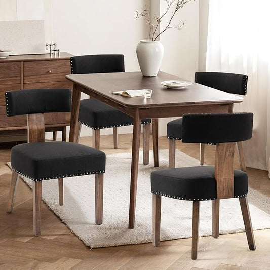 Upholstered Wooden Farmhouse Dining Chairs Set of 4, Mid-Century Modern Fabric Dining Room Chairs with Wood Legs, Curved Backrest Kitchen Armless for Living Room, Black
