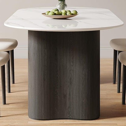 71" Modern Oval Dining Table for 6, Glossy White Sintered Stone Dining Tabletop with Black Dual-Pedestal, Easy Assembly Dining Room Table for Home Kitchen (Table Only)