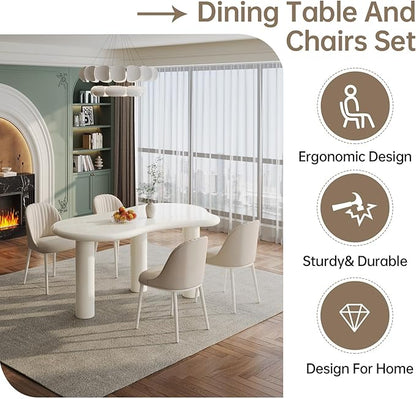 62.2" Dining Table Set for 4, Irregular Dining Table with 4 Chairs, Modern Cream Style Dining Table Set for Kitchen, Dining Room