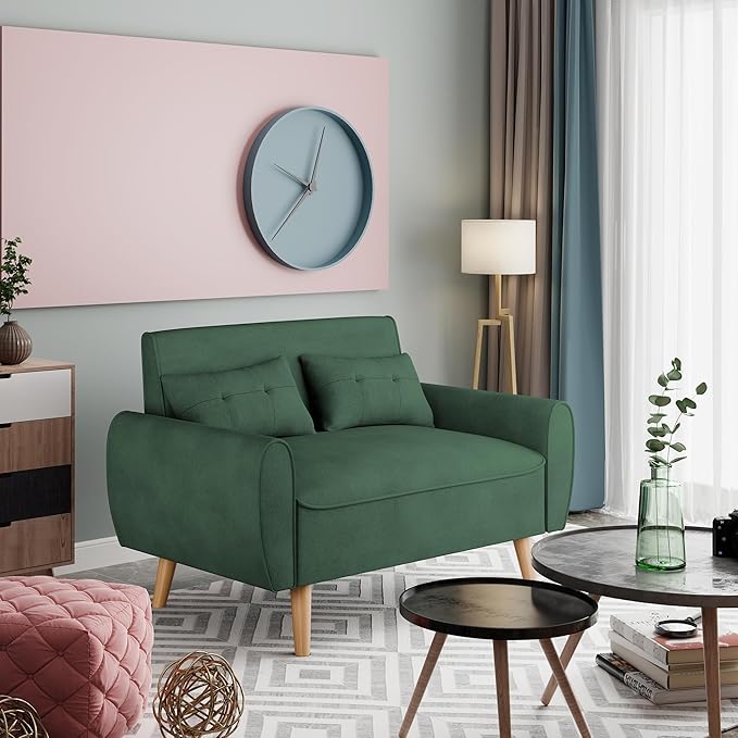 Vongrasig Small Modern Loveseat Sofa 47" Mid Century Linen 2 Seat Couch Tufted Love Seat, Green