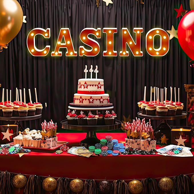 Casino Movie Night Letters Sign Party Decor Battery Powered Marquee Lighted Sign LED Alphabet Letter Lights for Christmas Casino Theme Party Birthday Home Tabletop Decor Supplies Xmas Gift