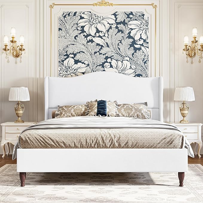 King Size Bed Frame with 51" Tall Headboard, High Upholstered Platform soft Fabric, Classic Curved Wingback & Wood Retro Legs, No Box Spring Needed/Easy Assembly, White
